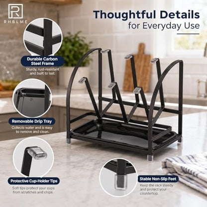 RHBLME 2 Packs Glass Drying Rack, Vertical Bottle Drying Rack Glass Bottle Holder with Drain Tray, Silicone Protective Hooks, Carbon Steel Non Slip Cup Mug Organizer for Glass Coffee Mug Countertop