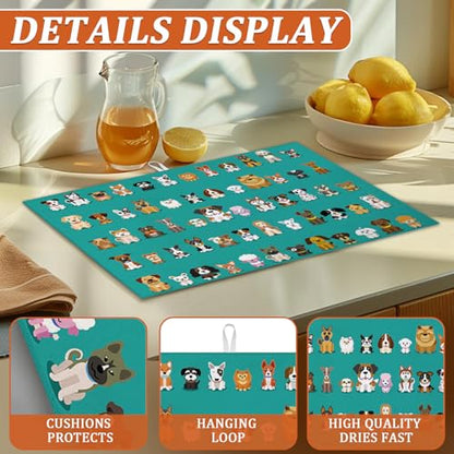 Cute Dogs Dish Drying Mat for Kitchen Counter Microfiber Absorbent Dish Cartoon Kitchen Drying Mat Draining Reusable Washable for Dishes/Utensils/Countertops/Sinks