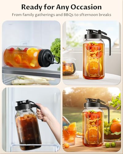 64 oz Mason Jar Pitcher – Airtight & Leakproof Glass Pitcher with Lid, Perfect for Iced Tea, Sun Tea, Cold Brew, Breastmilk, 2 Quart (1/2 Gallon) Mason Jar with Pour Spout Lid Flip-Cap & Handle - color: Black, size: 64 Ounces