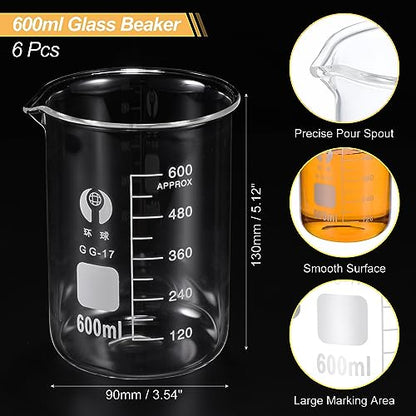 PATIKIL 600ml Low Form Glass Beaker, 6 Pack 3.3 Borosilicate Glass Graduated Printed Scale Measuring Cups with Spout for Kitchen Lab Liquids - size: 600ml