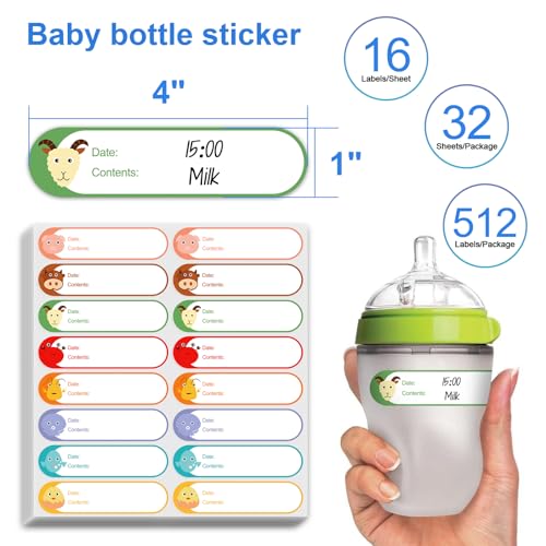 512pcs 1" x 4" Baby Milk Bottle Labels to Write On, No Residue Food Storage Labels for Kitchen, Mason Jar Labels, Freezer Labels Removable, Food Labels Cartoon Waterproof - color: Baby - 8 Colors