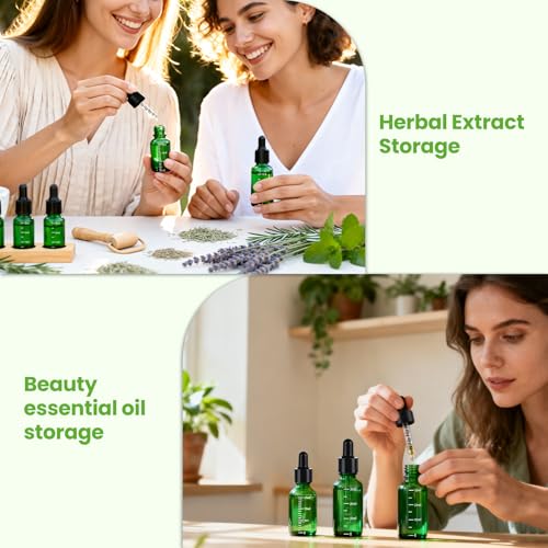 UPBUD 63 Pcs 1oz Green Glass Dropper Bottles with Measurement, 30ml Leakproof Tincture Bottles with Funnels, Eye Droppers, Extra Caps & Labels, Refillable Empty Bottles for Tinctures, Essential Oils - color: Green-1oz, size: 1oz