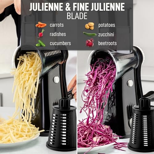 Zulay Kitchen Rotary Cheese Grater 5 Blade Cheese Shredder - Manual Hand Crank Cheese Grater With Reinforced Suction & 5 Interchangeable Drums - Easy to Use, Vegetable Chopper Round Mandoline Slicer - color: Black