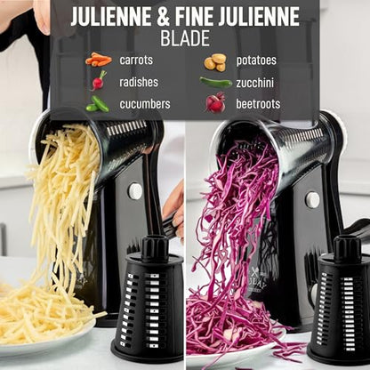 Zulay Kitchen Rotary Cheese Grater 5 Blade Cheese Shredder - Manual Hand Crank Cheese Grater With Reinforced Suction & 5 Interchangeable Drums - Easy to Use, Vegetable Chopper Round Mandoline Slicer - color: Black