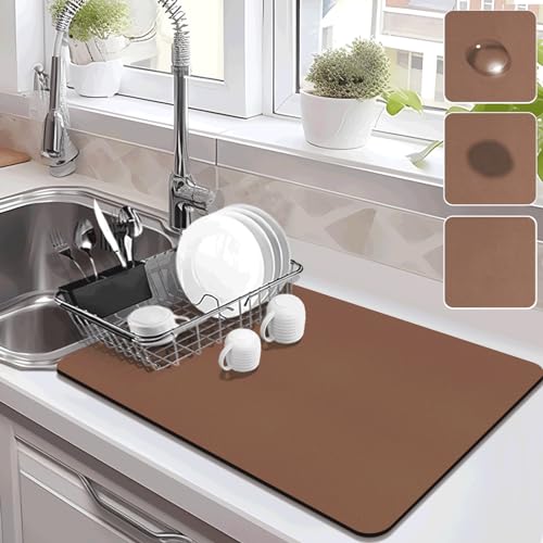 Drying Mat for Kitchen Countertops, Coffee Mat Hide Stain Rubber Backed Absorbent Dish Drying Mat - color: Brown, size: 16" x 20"