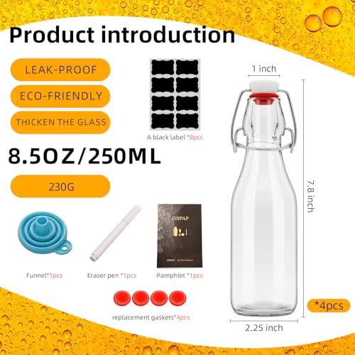 4 Pack Swing Top Glass Bottles 8.5 oz,Flip Top Beer Brewing Bottles for Kombucha, Homemade, Kefir, Water, Beverages, Soda, Oil, Vinegar, Fermentation,Limoncello