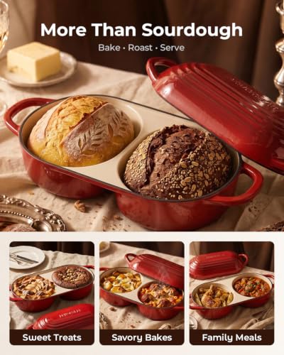 Sourdough Bread Baking Kit with Double Loaf Cast Iron Bread Pan, Red | Bakes two mini loaves at once with banneton proofing baskets included - color: Red, size: Double Bread Oven & Baking Kit