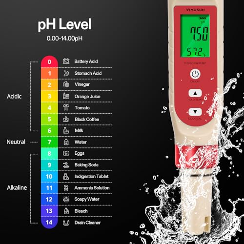 VIVOSUN 4-in-1 Digital pH Meter with pH/TDS/EC/Temp Function, 0-14.0 pH Measurement Range, ±0.1 pH Accuracy Water Quality Tester for Hydroponics, Household Drinking, and Aquarium - color: Red