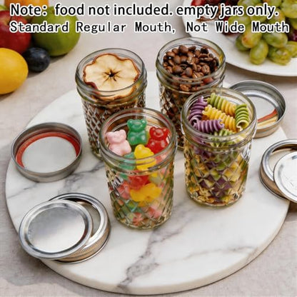 Mason Jars 8 oz Regular Mouth 4 Pack,Food Grade Glass Canning Jars with Airtight Lids, BPA Free Reusable Jars with Free Brush & Stickers for Food Storage, Canning, Jam, DIY Gifts - size: 8 oz