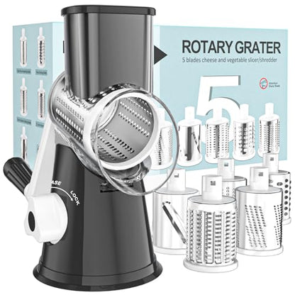 Cambom Rotary Cheese Grater Hand Crank Cheese Shredder for Fresh Cheese, Vegetable, Nuts,Non-slip Suction Base, Five Blades, Black - color: Black, size: 5 BLADES