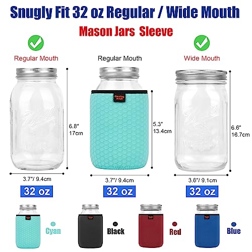 32 oz Regular/Wide Mouth Mason Jar Neoprene Sleeve, 32oz Non-slip Cozy Insulated Glass Jars Protector Holder Sleeves 3.7 x 5.3 Inches - 4 Pack (Black/Red/Blue/Cyan) - color: 32 oz Sleeves (3.7 x 5.3 In) - Black/Red/Blue/Cyan