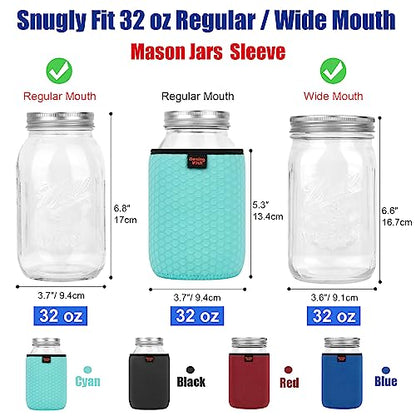 32 oz Regular/Wide Mouth Mason Jar Neoprene Sleeve, 32oz Non-slip Cozy Insulated Glass Jars Protector Holder Sleeves 3.7 x 5.3 Inches - 4 Pack (Black/Red/Blue/Cyan) - color: 32 oz Sleeves (3.7 x 5.3 In) - Black/Red/Blue/Cyan