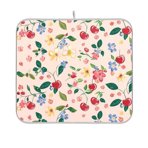 Cute Cherry Blue Flowers Dish Drying Mat for Kitchen Counter Kitchen Drying Mat Dish Rack Mat Dish Drainer Pad Microfiber Absorbent Washable Drying Pad for Countertop 16 x 18 - color: Cute Cherry Blue Flowers, size: 16'' x 18''