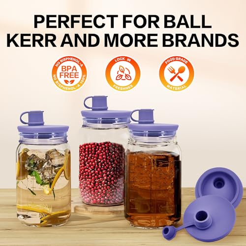 Mason Jar Pour Spout Lid - Wide Mouth, Reusable Silicone, Dishwasher Safe, Leak-Proof Perfect for Pouring Oils, Juices, Milk, and Storing Dry Goods - color: Violet-3Pack