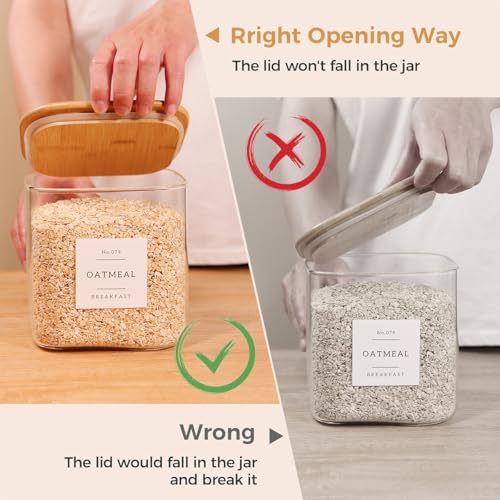 2 Pack Square Glass Flour and Sugar Containers with 132 Kitchen Pantry Labels - Thicken 85 FL OZ Large Glass Storage Jars with Airtight Bamboo Lid - Big Food Canisters for Cookies, Candy, Tea, Coffee - size: 85OZ
