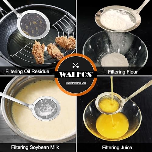 Walfos Fine Mesh Strainer and Fat Skimmer Spoon Set, Multipurpose Metal Strainers for Kitchen, Rice, Quinoa, Food, 304 Stainless Steel Fat Skimmer For Cooking, Fat, Grease, Floating Foam, 5 Pack - style: Strainers Skimmers Set