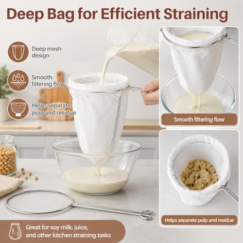 RAINFLOW Ultra Fine Mesh Strainer Bags - 3 Pcs Nut Milk Bag Reusable, Cheese Cloth Bag for Straining, Fine Mesh Strainer for Milk, Coffee, Juice, Yogurt, Stainless Steel Handle, Kitchen Filter Bags