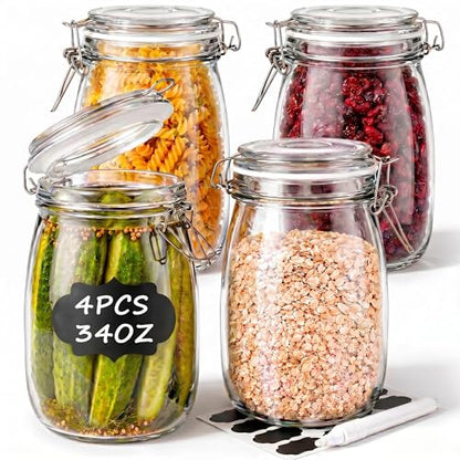 4PCS Glass Jars with Airtight Lid, 34 OZ Mason Jars Wide Mouth, Glass Pickling Jars for Canning & Fermenting, Mason Storage Container for Coffee, Flour, Sugar, Pasta - color: 32OZ-4PCS Round