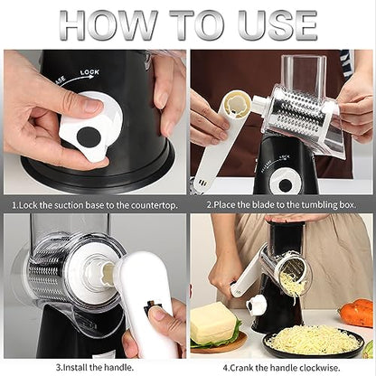 Cambom Rotary Cheese Grater Hand Crank Cheese Shredder for Fresh Cheese, Vegetable, Nuts,Non-slip Suction Base, Three Blades, Black - color: Black, size: 3 BLADES