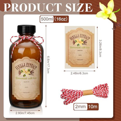 Uiifan 12 Pack Amber Glass Bottle Boston Round Bottles with Caps Refillable Vanilla Extract Jars Gift for Homemade Vanilla Extract Making, Brewing, Kombucha, Oil & Long-term Liquid Storage(16 oz) - size: 16 Ounces