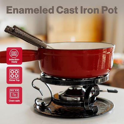 Swissmar Lugano Cast Iron Cheese Fondue Set, 9-Piece, 2 QT / 2 L - Ideal for Melting Cheese, Chocolates, Caramel, & More - Perfect for Kitchen Collection & Gift Giving - Cherry Red - color: Cherry Red