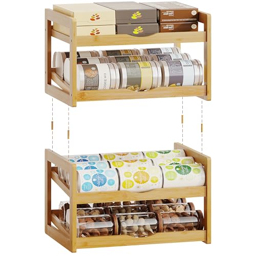 BAMBANG Can Organizer for Pantry, 4 Tier Stackable Bamboo Canned Food Storage Rack, Rolling Soda Can Dispenser Holds Up to 48 Cans, Detachable Can Organizer for Cabinet, Natural