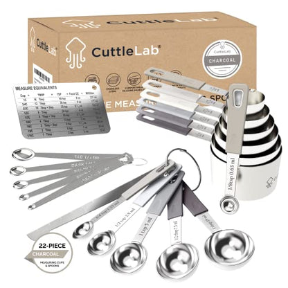CuttleLab 22-Piece Stainless Steel Measuring Cups and Spoons Set, Tad Dash Pinch Smidgen Drop Mini Measuring Spoons, Measuring Stick Leveler, Measurement Conversion Chart Fridge Magnet, (Charcoal) - color: Charcoal