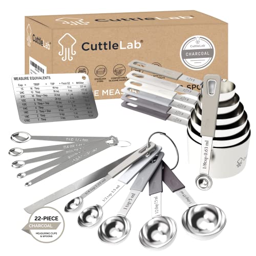 CuttleLab 22-Piece Stainless Steel Measuring Cups and Spoons Set, Tad Dash Pinch Smidgen Drop Mini Measuring Spoons, Measuring Stick Leveler, Measurement Conversion Chart Fridge Magnet, (Charcoal) - color: Charcoal