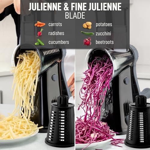 Zulay Kitchen Rotary Cheese Grater 5 Blade Cheese Shredder - Manual Hand Crank Cheese Grater With Reinforced Suction & 5 Interchangeable Drums - Easy to Use, Vegetable Chopper Round Mandoline Slicer - color: Black Gray