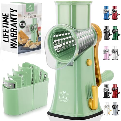 Zulay Kitchen Rotary Cheese Grater 5 Blade Cheese Shredder - Manual Hand Crank Cheese Grater With Reinforced Suction & 5 Interchangeable Drums - Easy to Use, Vegetable Chopper Round Mandoline Slicer - color: Sea Foam & Gold