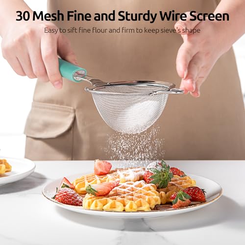 U-Taste Small Fine Mesh Strainer: 18/8 Stainless Steel 3.35in 30 Mesh Kitchen Food Sieve with Sturdy Riveted Silicone Handle, Heavy Duty Deep Handheld Metal Colander for Tea, Juice (Aqua Sky) - color: (1) Aqua Sky, size: S-3.35in
