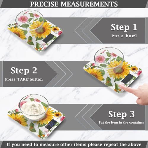 Food Scale Kitchen Digital Scale Food Ounces and Grams Dieting Baking Cooking Waterproof Glass Panels LCD Display,4 Units Scale Tare Function Sunflower White - color: Sunflower 34