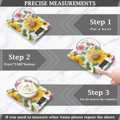Food Scale Kitchen Digital Scale Food Ounces and Grams Dieting Baking Cooking Waterproof Glass Panels LCD Display,4 Units Scale Tare Function Sunflower White - color: Sunflower 34