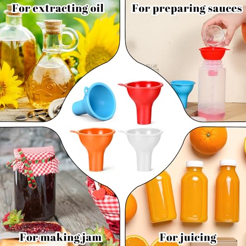 4 Pcs Small Funnels for Filling Water Bottles, Wide Mouth Kitchen Silicone Funnels Flexible Condiment Sauce Canning Funnel for Filling Oil Water Bottles Jars(Red, Blue, Orange, White)