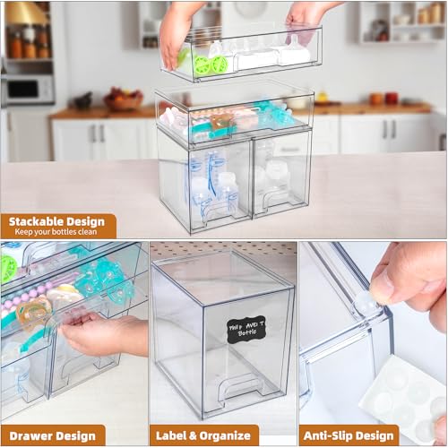 Baby Bottle Organizer, 5 Pack Stackable Storage Drawers with Labels, Clear Station Organizers Container for Pacifiers, Pump Parts, Desk Organizer Bins for Bathroom, Cabinet, Pantry, Vanity, Countertop - style: 2 High+2 Small+1 Wide