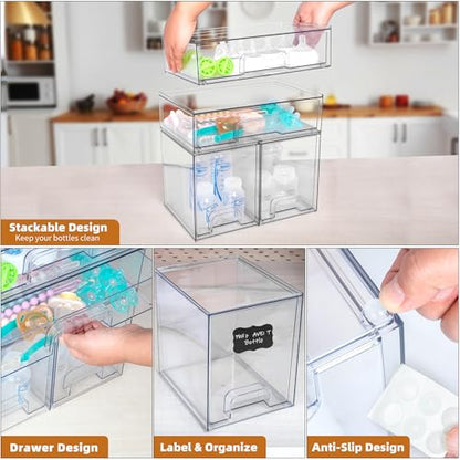 Baby Bottle Organizer, 5 Pack Stackable Storage Drawers with Labels, Clear Station Organizers Container for Pacifiers, Pump Parts, Desk Organizer Bins for Bathroom, Cabinet, Pantry, Vanity, Countertop - style: 2 High+2 Small+1 Wide