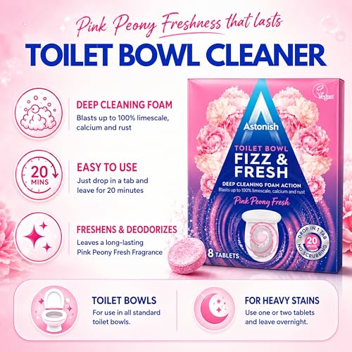 Astonish Toilet Bowl Cleaner Tablets, 8 Count – Fizzing Drop In Tabs Remove Limescale, Calcium & Rust – No Scrub Foaming Action, Vegan & Cruelty Free, Fresh Peony Scent - size: 8 Count (Pack of 1)