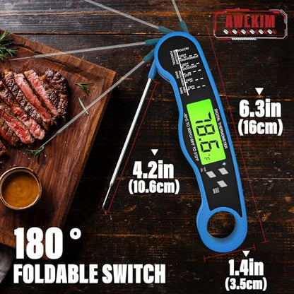 AWLKIM Meat Thermometer Digital, Instant Read Thermometer, Blue | Grill, BBQ, candy and baking thermometer with backlit display, foldable probe and magnetic storage. - color: Blue