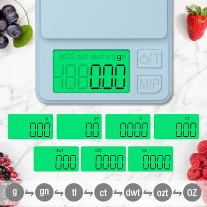 Diyife Gram Scale, 1000g/0.01g Digital Jewelry Scale for Powder, Gold, Gem, Mini Scale with LCD Display, 7 Units, Tare, Light Blue (Batteries Included) - color: Light blue
