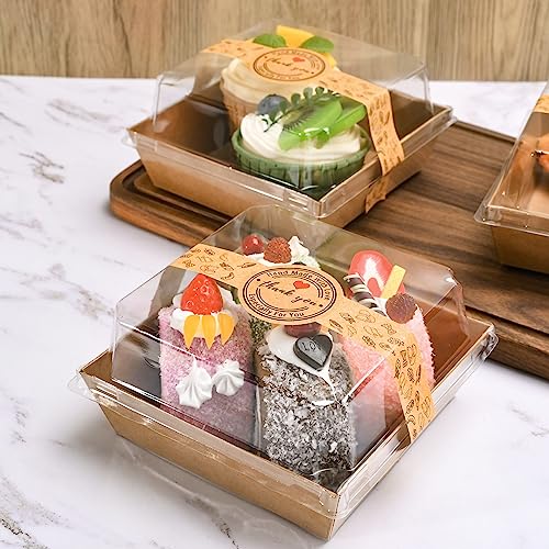 TECARATE Paper Charcuterie Boxes with Clear Lids and Stickers - 50 SETS 4 Inches Square Disposable Food Containers Bakery Boxes for Bakery, Macaron, Sandwich, Slice Cake, Cookies, Hot Cocoa Bombs - color: Brown