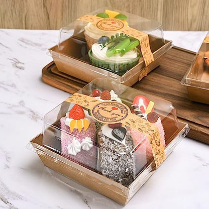 TECARATE Paper Charcuterie Boxes with Clear Lids and Stickers - 50 SETS 4 Inches Square Disposable Food Containers Bakery Boxes for Bakery, Macaron, Sandwich, Slice Cake, Cookies, Hot Cocoa Bombs - color: Brown