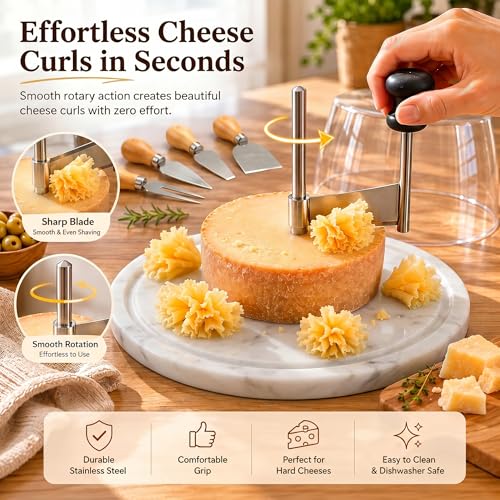 Marble Cheese Curler & Cheese Flower Cutter – Sharp Stainless Steel Blade with Dust Cover & Knife Set for Cheese Flowers, Wheels & Appetizers | Easy to Use & Clean | Gift for Entertaining - color: Marble Base - White