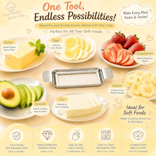 JAYVAR Cheese Slicer and Butter Cutter, 304 Stainless Steel Wire | Multifunctional Cheese Slicers for Block Cheesees, Handheld Butters Slicers Cutter, for Egg Slicing, Dishwasher Safe