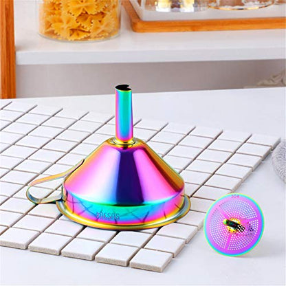 Stainless Steel Wide Mouth Funnels with Detachable Strainer, 5-inch Funnel for Filling Small Bottles and Jars, Cooking Oil and Transmission Liquid, Food Grade Metal Kitchen Funnels Rainbow - color: Rainbow