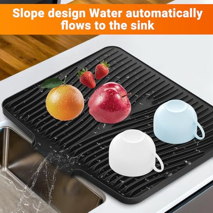 Silicone Dish Drying Mat for Kitchen counter, 15.8"x13" Extra Large Non-Slip Drain Pad with Built-in Drainage, Heat Resistant Dishwasher Safe, Black - color: Black, size: 15.8" x 13"