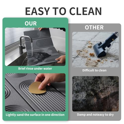 Large Stone Dish Drying Mat for Kitchen Counter,Collapsable Stone Dish Drying Mat with Diatomaceous Earth for Quick Drying-Ultra Absorbent-Eco-Friendly,Foldable -23.6"×15.7" Light Gray Curved Grooves - color: HXDK-Light Gray