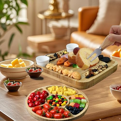 Charcuterie Board Cheese Board Set Portable Serving Platter for Cheese Meat, Fruits & Snacks with 4 Knives, 2 Bowls & Labeling Tool Perfect Housewarming Gifts for Women
