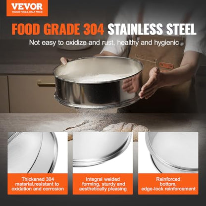 VEVOR Flour Sieve, 12 Mesh Sifter, 304 Stainless Steel Food-grade Fine Mesh Strainer, Dia. 12.6" for Baking, 5 Sizes Mesh Hole for Mungbean, Rice, Pearl Powder - style: 12 Mesh