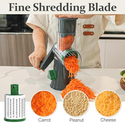 Cambom Rotary Cheese Grater Hand Crank Cheese Shredder for Fresh Cheese, Vegetable, Nuts,Non-slip Suction Base, Three Blades, Gray Green - color: Gray Green, size: 3 BLADES