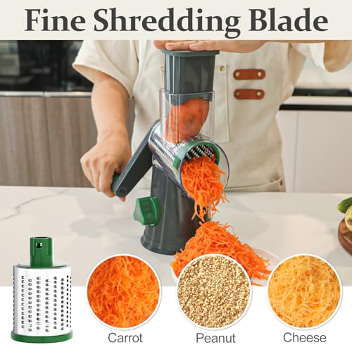 Cambom Rotary Cheese Grater Hand Crank Cheese Shredder for Fresh Cheese, Vegetable, Nuts,Non-slip Suction Base, Three Blades, Gray Green - color: Gray Green, size: 3 BLADES